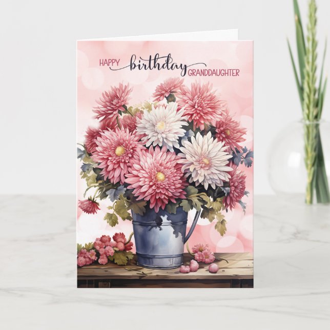 Granddaughter Birthday Pink Chrysanthemums Card (Front)