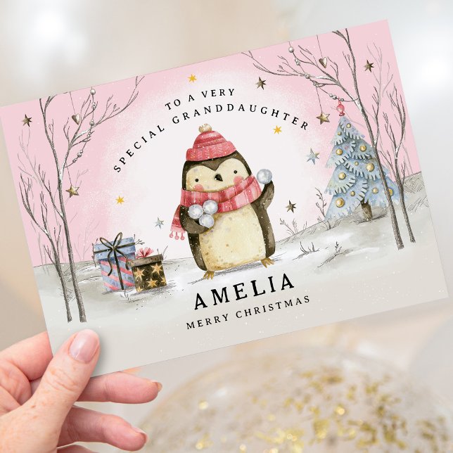 Granddaughter Christmas Card, Pink Holiday Card  (Pink Personalised Christmas Card for any family member)