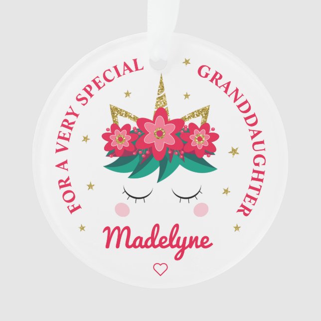 Granddaughter Christmas Unicorn Personalized Ornament (Front)