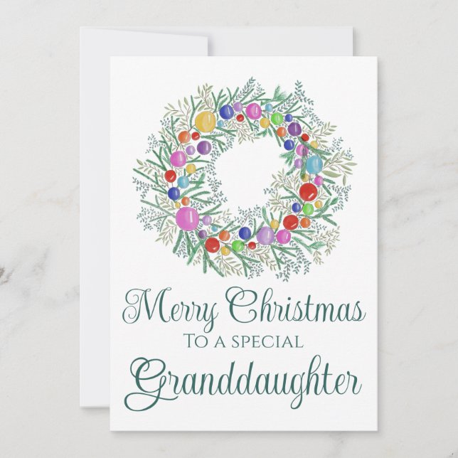 Granddaughter colourful Christmas Wreath Holiday Card (Front)