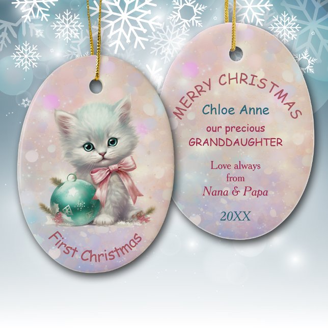 Granddaughter First Christmas Kitten Ceramic Ornament (Creator Uploaded)