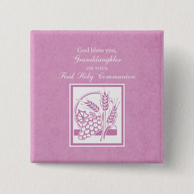 Granddaughter First Communion, Pink 2 Inch Square Button (Front)