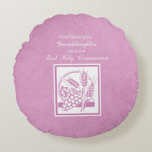 Granddaughter First Communion, Pink Round Pillow