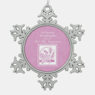 Granddaughter First Communion, Pink Snowflake Pewter Christmas Ornament