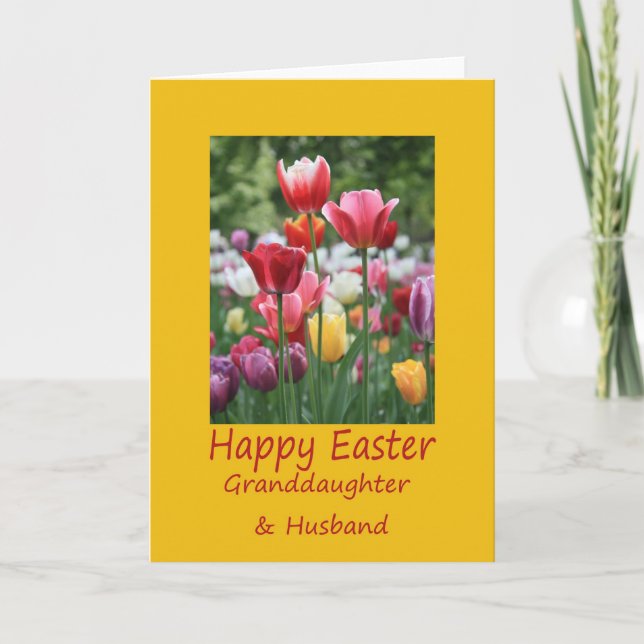 Granddaughter + Husband Happy Easter Tulip card (Front)