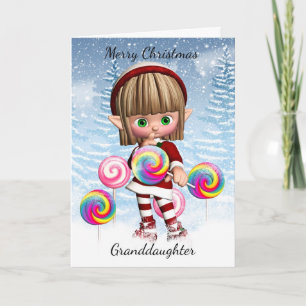 Granddaughter Little Elf With Candy Pops And Snow Holiday Card