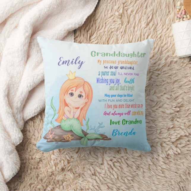 Granddaughter Mermaid Gift Custom Poem Add Name Throw Pillow (Blanket)