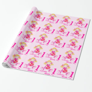 Granddaughter name rag doll art 1st birthday wrap wrapping paper