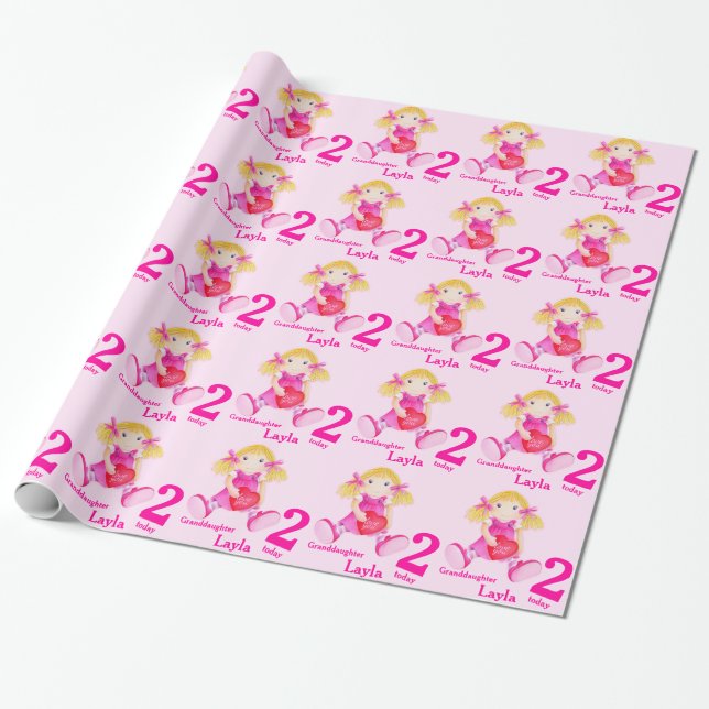 Granddaughter name rag doll art 2nd birthday wrap wrapping paper (Unrolled)