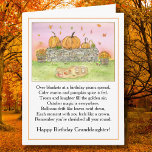 Granddaughter October Birthday with Pumpkin Picnic Card<br><div class="desc">This lovely watercolor and pen illustration captures a sweet autumn scene: pumpkins and gourds rest on a stone half wall, while orange and yellow mums bloom from rustic whiskey barrel planters. A cozy picnic is set with pumpkin spice lattes, a birthday cupcake, a bowl of popcorn, a crisp apple, and...</div>