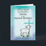 Granddaughter Personalize Name Baptism Birthday La Card<br><div class="desc">Customize this card with your granddaughter's name as you send her special blessings on her Baptism Birthday! A sweet lamb is standing in front of a teal coloured cross. Purple and lavender background fades into the teal and green in a watercolor look.</div>
