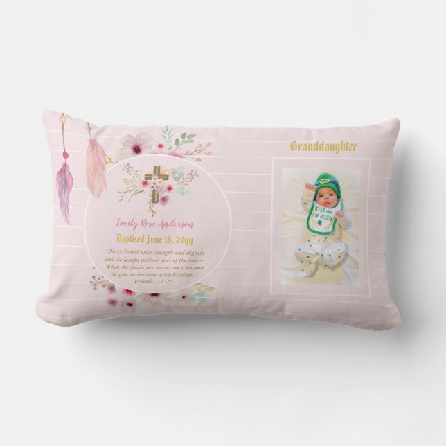 Granddaughter PHOTO Baptism Christening Pink Lumbar Pillow (Front)