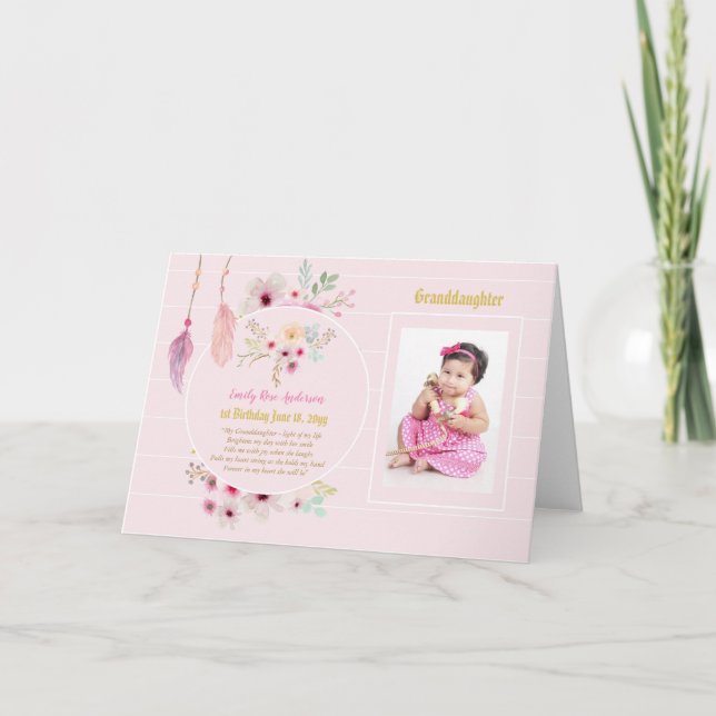 Granddaughter PHOTO POEM Card Pink Flowers (Front)