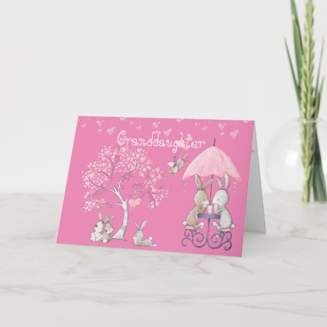 Granddaughter Pink Bunny Cute Watercolor Valentine Holiday Card (Front)
