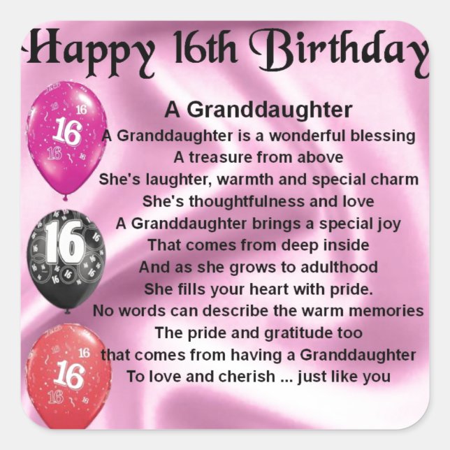Granddaughter Poem 16th Birthday Square Sticker (Front)