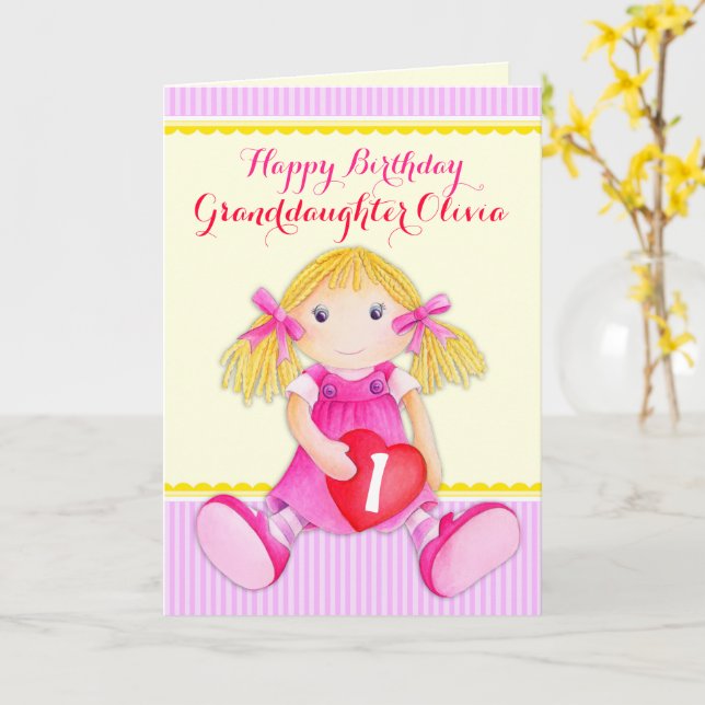 Granddaughter rag doll first birthday card (Yellow Flower)