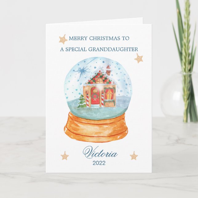 Granddaughter Snow Globe Gingerbread House Holiday Card (Front)