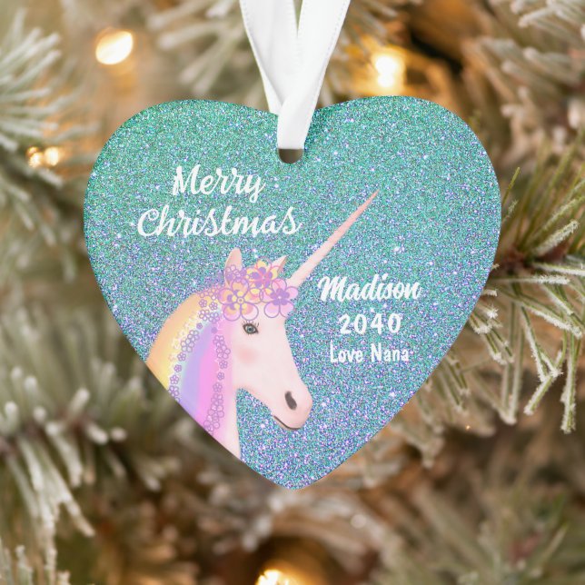 Granddaughter Teal Blue Glitter Unicorn Name Heart Ornament (Tree)