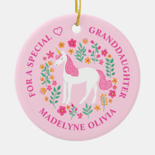 Granddaughter Unicorn Flowers Cute Pink Ornament