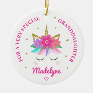 Granddaughter Unicorn Pink Flowers Personalized Ceramic Ornament