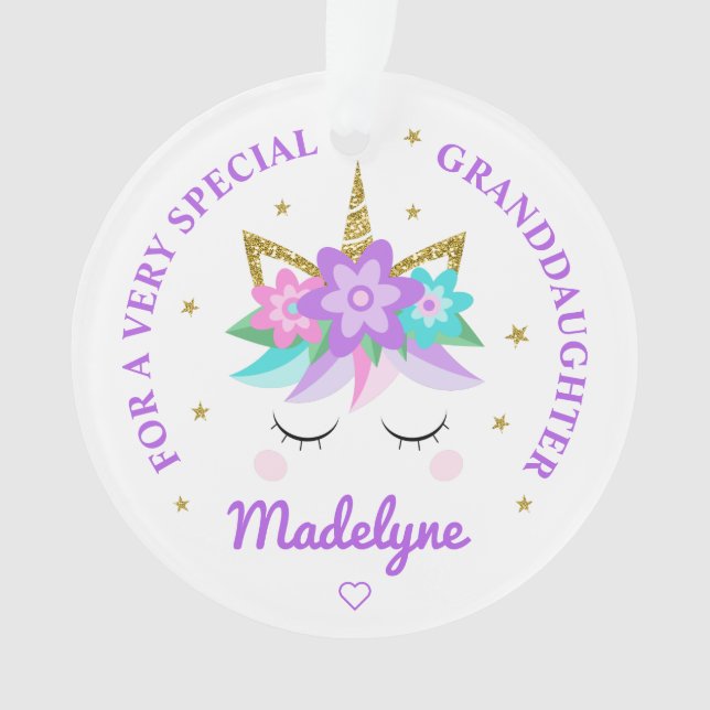 Granddaughter Unicorn Purple Flowers Personalized Ornament (Front)