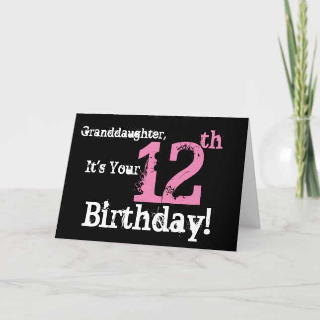 Granddaughter's 12th birthday, black, pink, white. card (Front)
