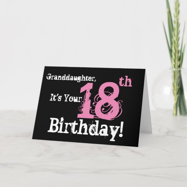 Granddaughter's 18th birthday, black, white, pink. card (Front)