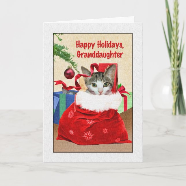 Granddaughter's Christmas, Cat Under Tree Holiday Card (Front)