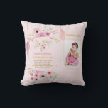 Granddaughters Poem PHOTO Birthday Pink Flowers Throw Pillow<br><div class="desc">Pretty watercolor flowers and feathers adorn this pretty pink and white striped decorative keepsake gift for girls. There is a photo template field to add a photo and four template text fields all of which can be edited to suit any occasion, including 1st Birthday, Baptism, Christening, New Baby, Holy Communion,...</div>