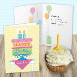 Granddson 21st Birthday Cake Number Candles  Card<br><div class="desc">A birthday card for your 21 year old grandson. "Happy Birthday" is on each layer of the cake with pink decorative icing separating them. A subtle background of yellow and blue anchors the design. Bright colours and a bold graphic styling give this birthday wish a festive feel. You can also...</div>