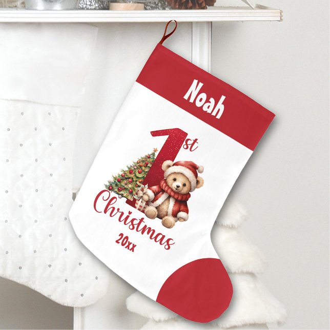 Grande Chaussette De Noël 1er Noël Teddy Bear Baby Boy Nom rouge (1st Christmas Teddy Bear Baby Boy Red Name Large Christmas Stocking)