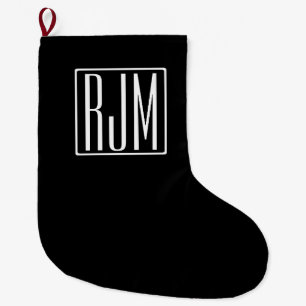 Grande Chaussette De Noël 3 Initiales Monogramme   Noir et blanc