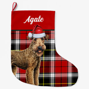 Grande Chaussette De Noël Airedale Terrier Chien mignon Plaid Christmas Stoc