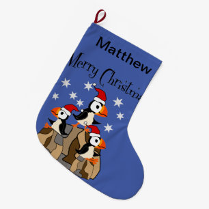 Grande Chaussette De Noël Amusant Joyeux Noël Puffin Oiseaux et neige