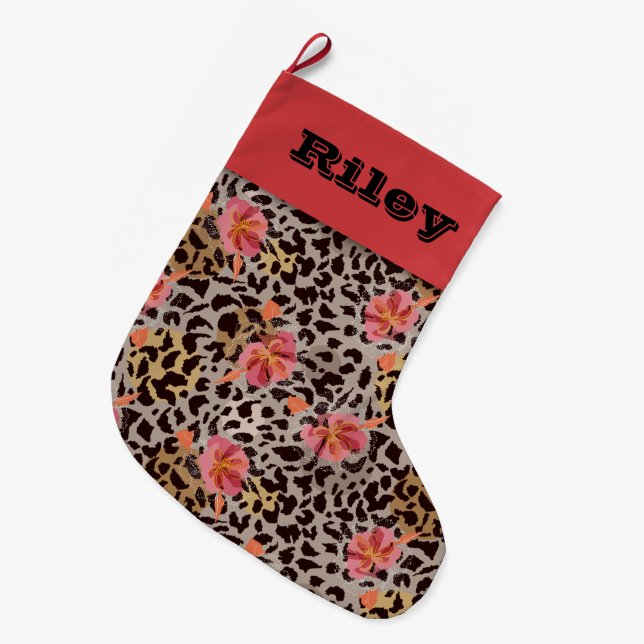 Grande Chaussette De Noël Ananas et Hibiscus en noir (Devant (Accrochage))