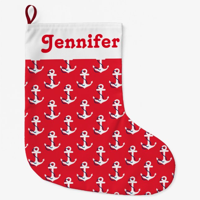 Grande Chaussette De Noël Ancres nautiques Message de vacances personnalisab (Devant)