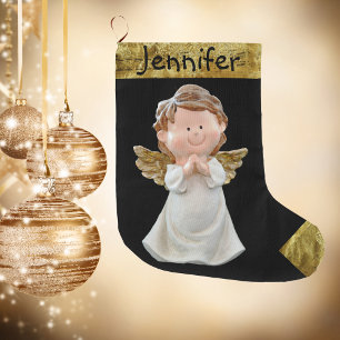 Grande Chaussette De Noël Ange de Noël Avec Nom, Or