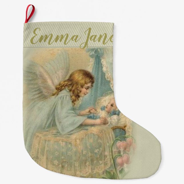Grande Chaussette De Noël Ange gardien avec le bébé dans le berceau (Devant)
