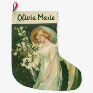 Grande Chaussette De Noël Angel féminin personnalisé avec fleurs