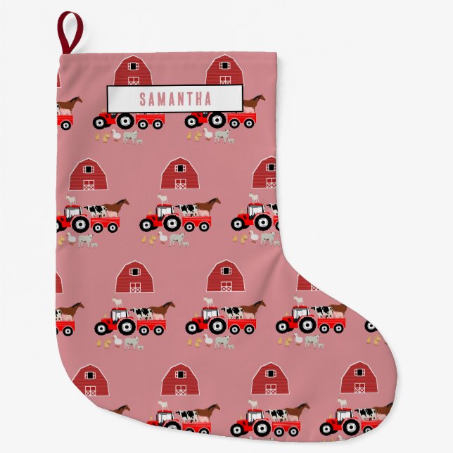 Grande Chaussette De Noël Animaux de ferme et tracteur rouge Barnyard Girls  (Devant)