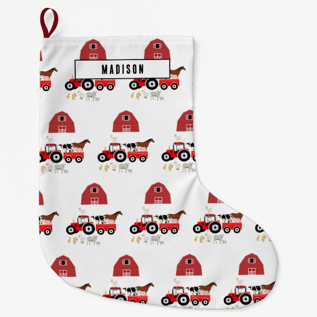 Grande Chaussette De Noël Animaux de ferme et tracteur rouge Garçons Barnyar (Devant)