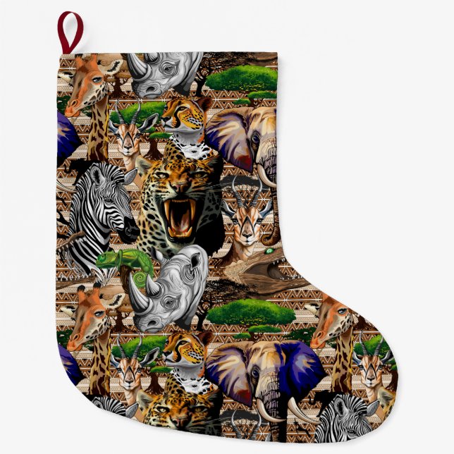 Grande Chaussette De Noël Animaux sauvages de la Savane africaine (Devant)