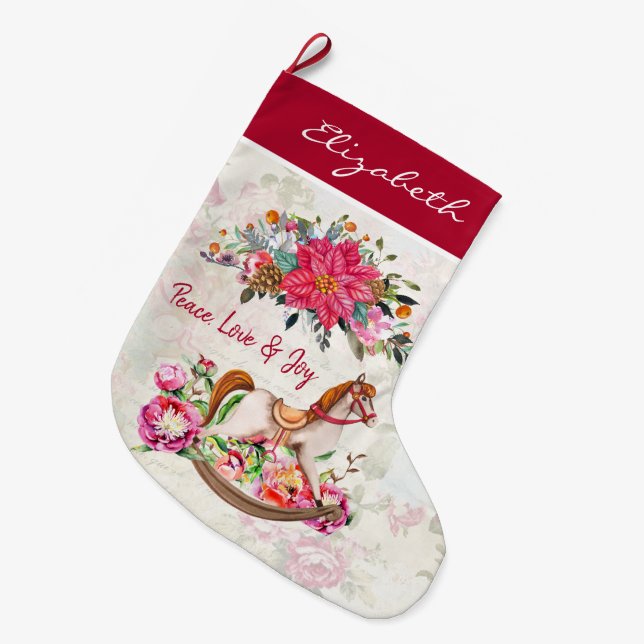 Grande Chaussette De Noël Antique victorienne Rocking Horse & Poinsettia (Devant (Accrochage))