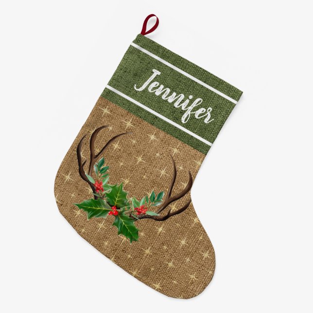 Grande Chaussette De Noël Antlers rustiques Green Holly et Red Berries (Devant (Accrochage))
