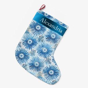 Grande Chaussette De Noël Aqua Blue Batik Nom de Noël Floral