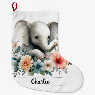 Grande Chaussette De Noël Aquarelle adorable bébé éléphant avec nom personna