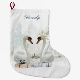 Grande Chaussette De Noël Aquarelle Aimer Swans avec cadeaux personnalisés
