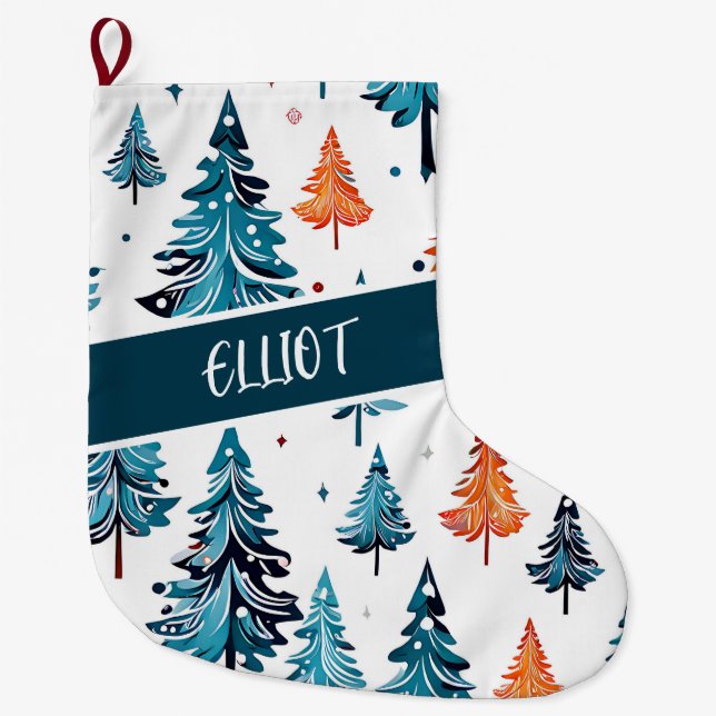 Grande Chaussette De Noël Aquarelle Arbres de Noël Personnalisés (Devant)