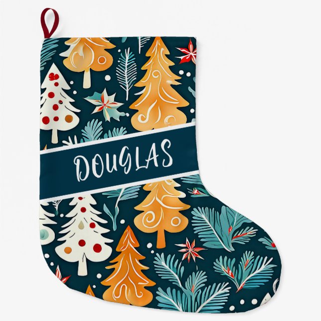 Grande Chaussette De Noël Aquarelle Arbres de Noël Personnalisés (Devant)