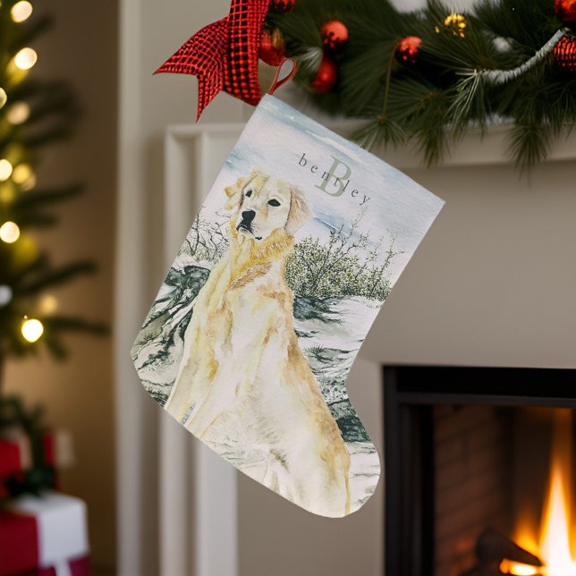 Grande Chaussette De Noël Aquarelle Fière Golden Retriever Chien Monogramme (Créateur téléchargé)